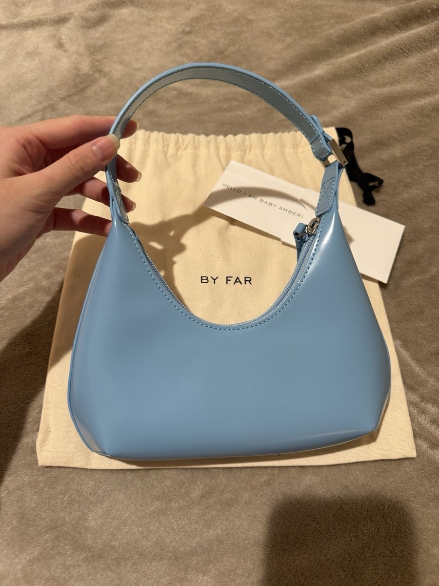 BY FAR Baby Amber Mini Blue Top Handle Bag Zip Closure Inner