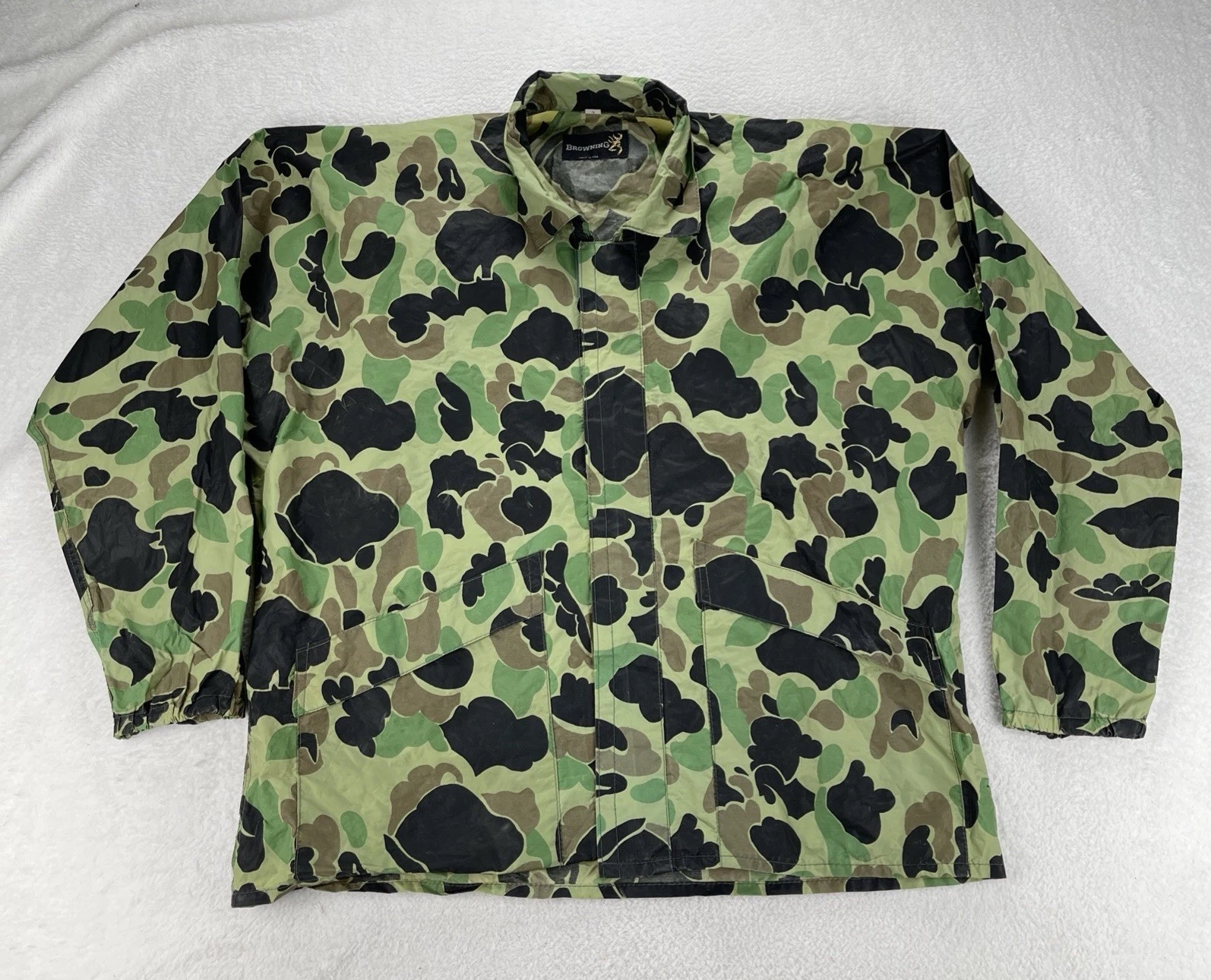 Vintage Browning Nylon Camo Rain Gear Sz L Thin Lightweight Made USA Boxy 80s