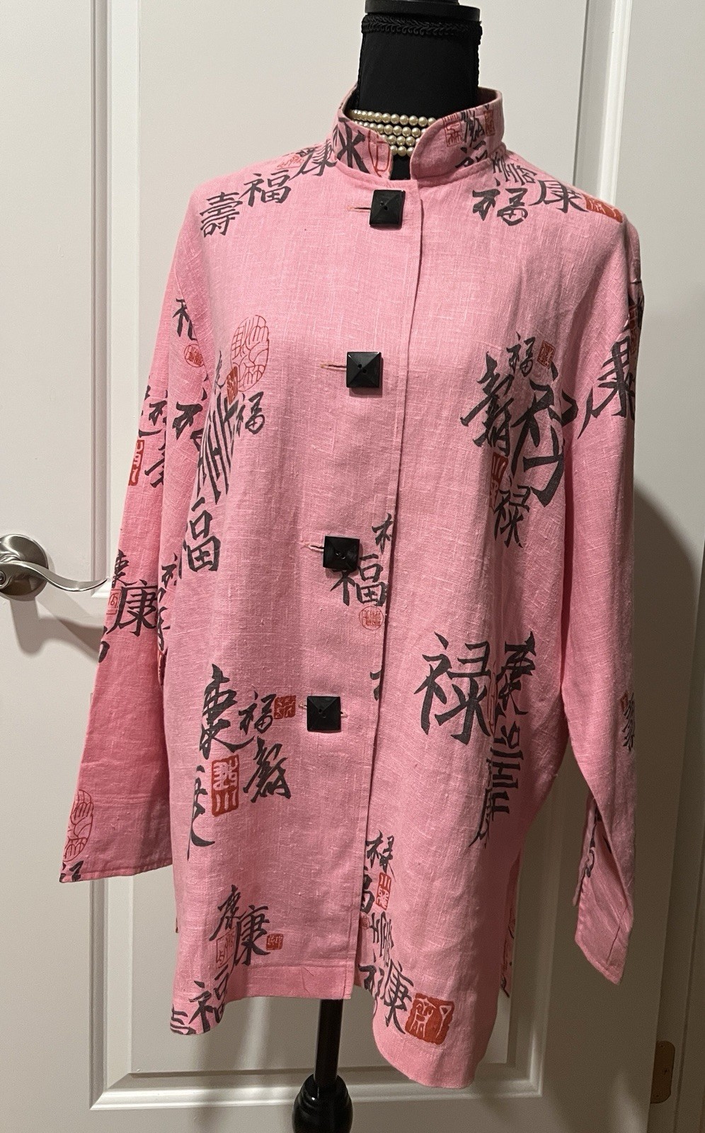 Giacca donna pony dipinta 100% lino taglia large rosa con personaggi cinesi