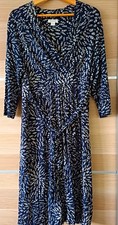 Monsoon UK 18 Navy White Abstract V-Neck 3/4 Sleeve Wrap Midi Dress