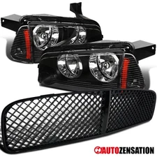 Fit 2006-2010 Dodge Charger Black Clear Headlights+Corner Lamps+Mesh Hood Grille