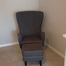 Grey Upholstered Fabric High Back Wingback Accent Chair with Footstool