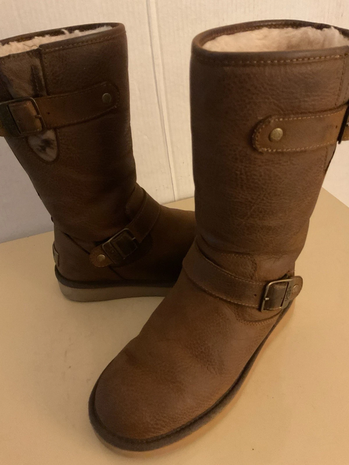 Stivali Ugg donna pelle marrone montone biker Sutter Kensington taglia 5 euro 36