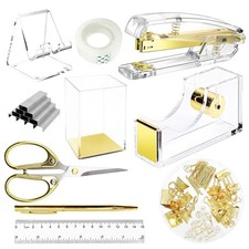 Gold Desk Accessories, Office Supplies Acrylic Stapler Set, 10Pcs Set for Off...