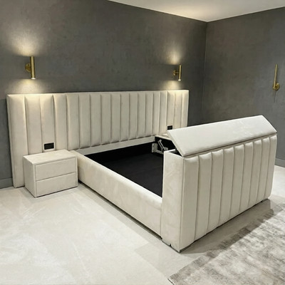 Breitwand TV-Bett in Plüsch Samt Single Double & King Size mit Steckdosenausschnitten