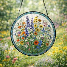 Wildflowers Stained Glass Suncatcher, Colorful Meadow Floral Window Hanging