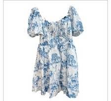 Shein Mod 1XL Curve Blue White Puff Sleeve Above Knee Front Tie Boho