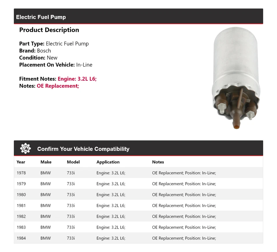 Bomba de combustible eléctrica Bosch 1978-1984 BMW 733i 3,2 L L6 en línea 1979 1980 1981 Foto 2 de 4