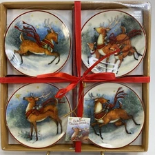 Susan Winget Reindeer Mini Plate Set 4Pc Christmas Deer Holiday 4.5in Ornaments