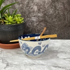 6" Blue Dragon Ceramic Ramen Noodle Bowl Gift Set Bowl with Chopsticks and Spoon