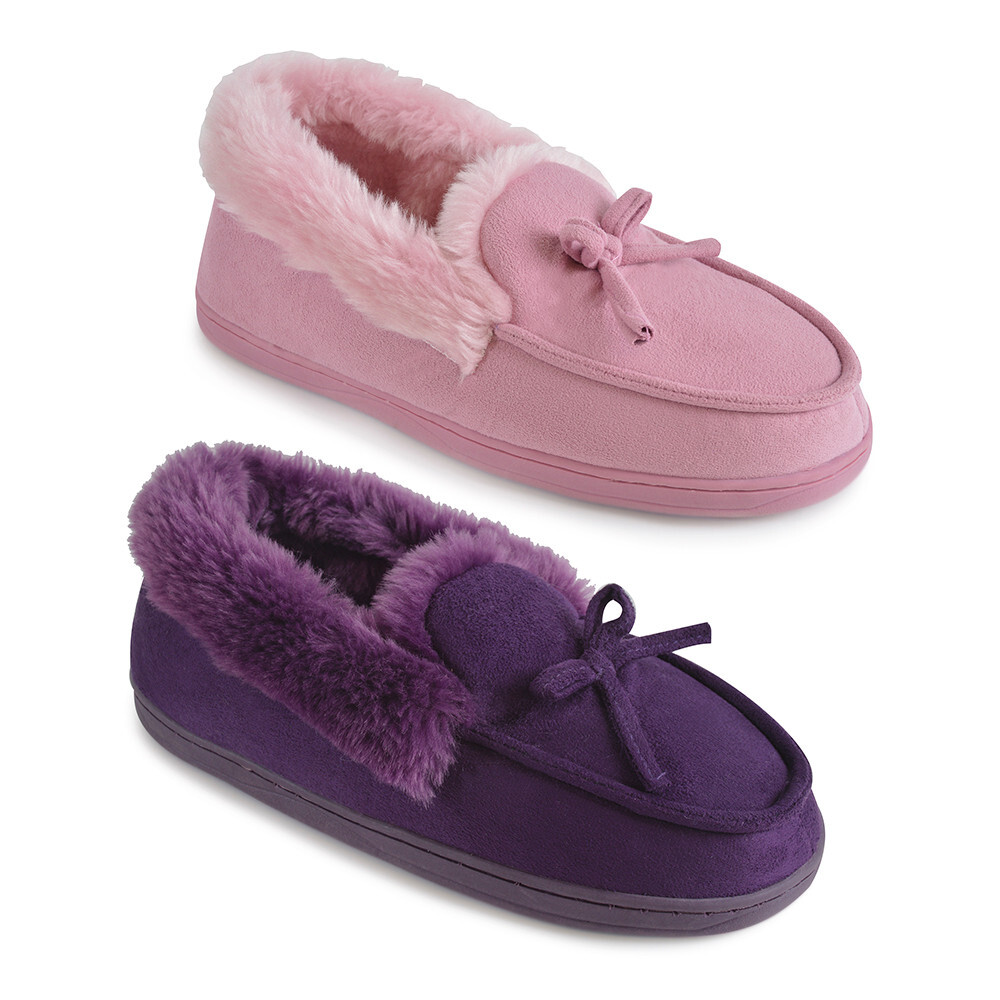 Ladies Womens Real Suede Faux Fur Lined Warm Moccasin Slippers size 6
