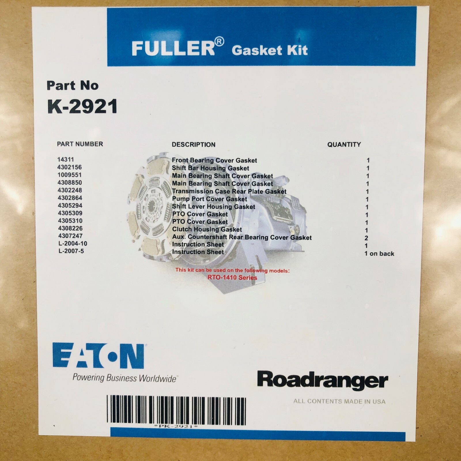 EATON FULLER K2921 GASKET KIT OEM, FOR RRO FULLER TRANSMISSION / FUL