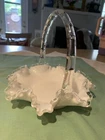 Vintage Fenton Silver Crest Milk Glass Ruffled Clear Edge Basket Candy Dish