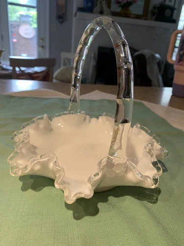 Vintage Fenton Silver Crest Milk Glass Ruffled Clear Edge Basket Candy Dish