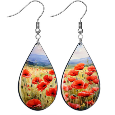 Veterans Memorial Flower Gift Red Poppy Field Dangle Teardrop Earrings Silver