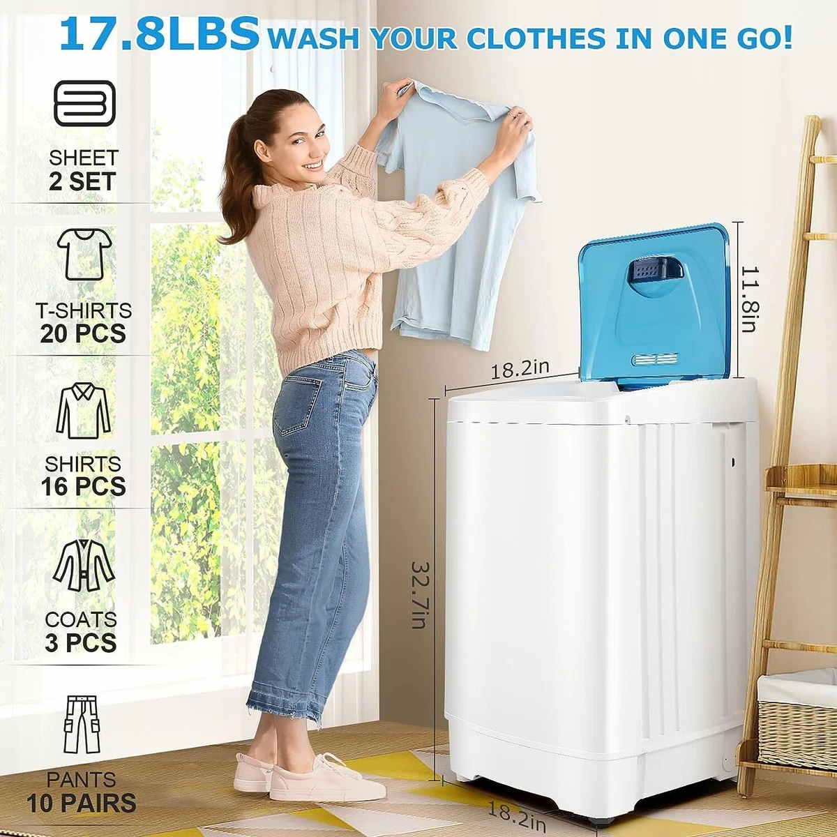 Washing Machine 17.8Lbs Portable Washer & Dryer Combo for