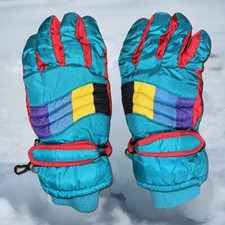 Vintage Retro Color Block Kids Sz 7-14 Thinsulate Thermal Winter Ski Gloves