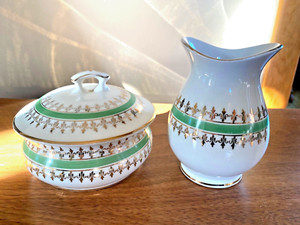 Vintage Edwin M Knowles semi vitreous china- Vanity Set? 2 piece- green/gold pat