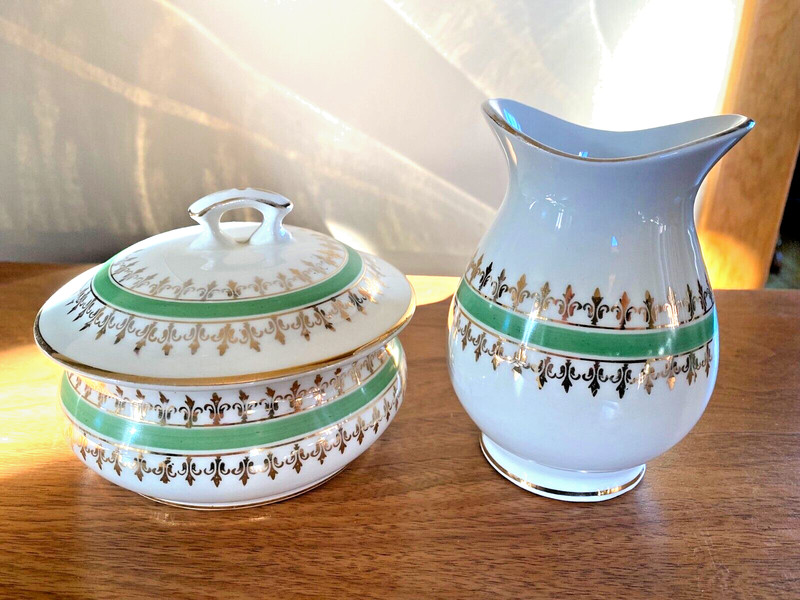 Vintage Edwin M Knowles semi vitreous china- Vanity Set? 2 piece- green/gold pat