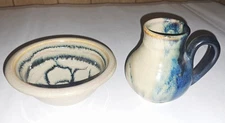 Gorgeous Studio Pottery Syrup Server & Fruit Bowl Glazed Greys & Blues Signed 