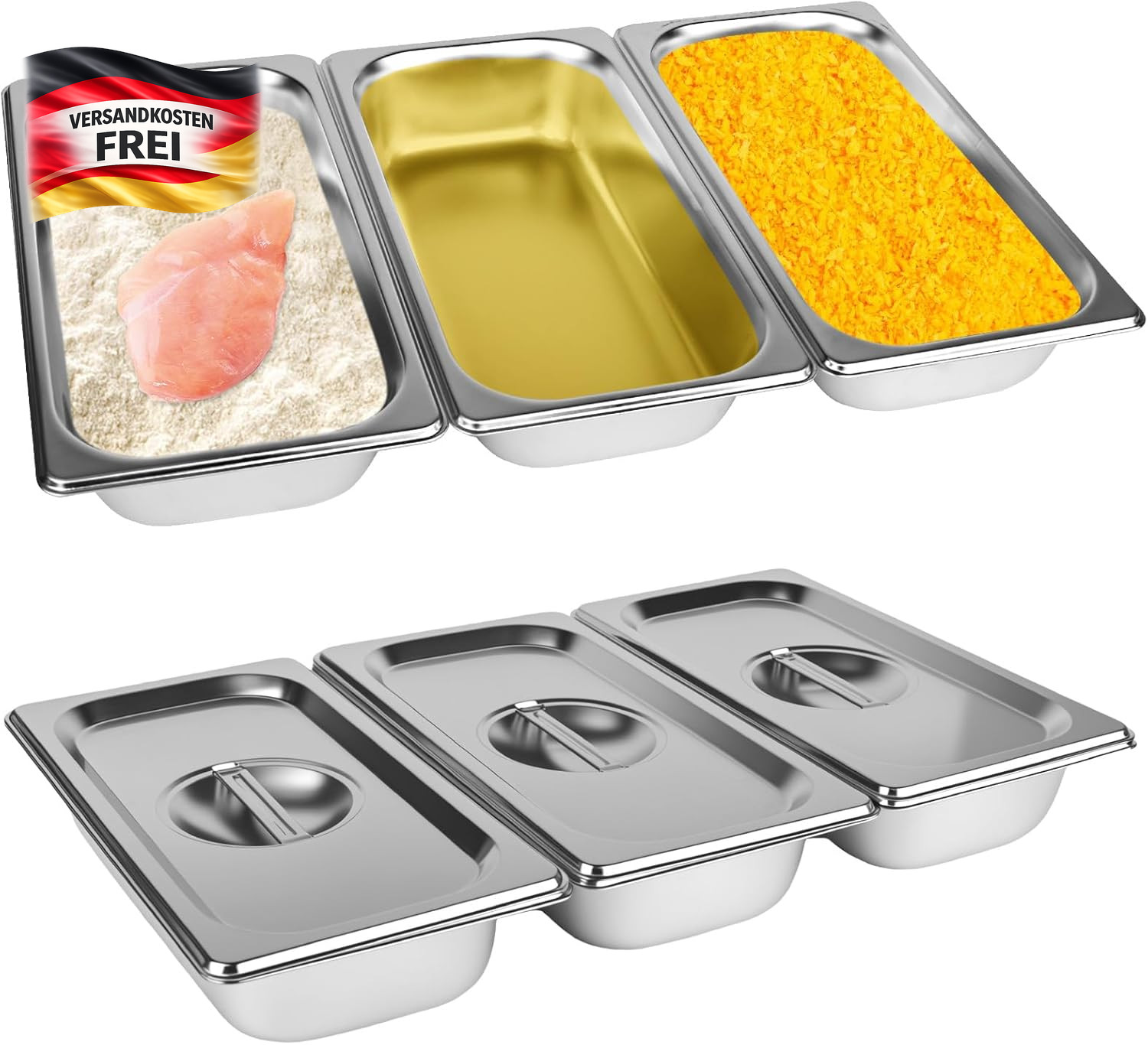 Panierschalen Set 3-tlg Edelstahl für Schnitzel Fleisch Fisch Küchenzubehör