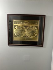 Vintage Blaeu Gold Foil Oak Framed Wall World Big Map Green Mat Library Office