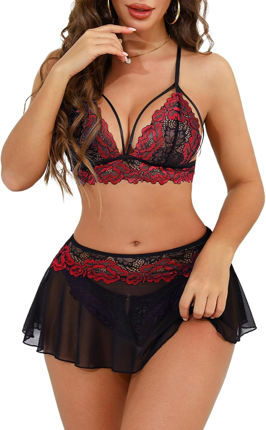 Sexy Lingerie for Women Naughty 3 Piece Lace Bralette, Mini Skirt with G-String