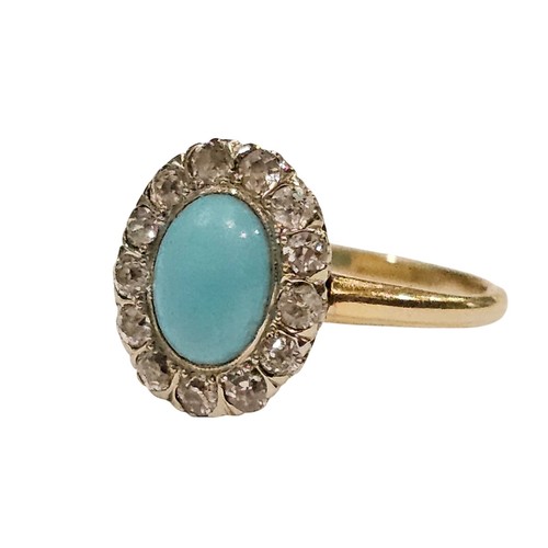 Anello antico aureola in oro 10 kt con turchese persiano e diamanti - Foto 2 di 6