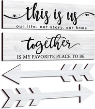 Jetec 4 Pcs This is Us Our Life Wooden Arrow Wall Decor Rustic Family White 