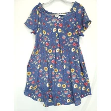 Davi & Dani Blue Floral Shift Tunic Dress Women L Pleated Front Lined Flowey