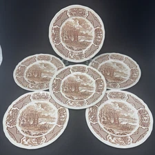 6 Alfred Meakin FAIR WINDS Brown Transferware Salad Plates Historical Scenes
