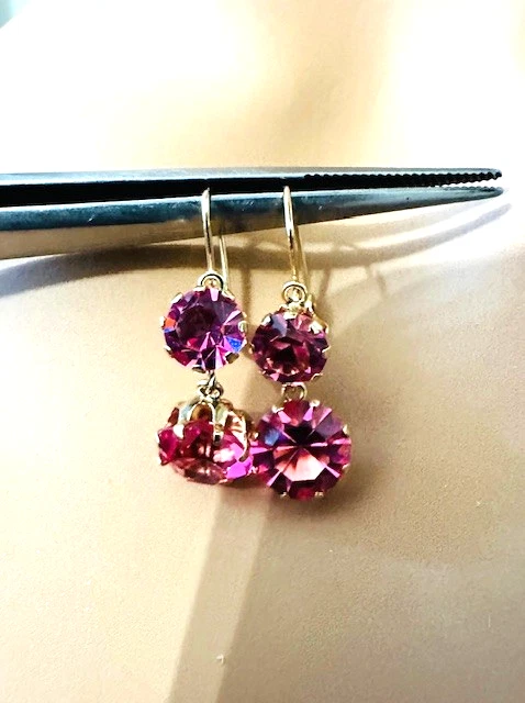 Estate 10K Yellow Gold Pink Ruby Dangle Drop Earrings - Image 2 of 4