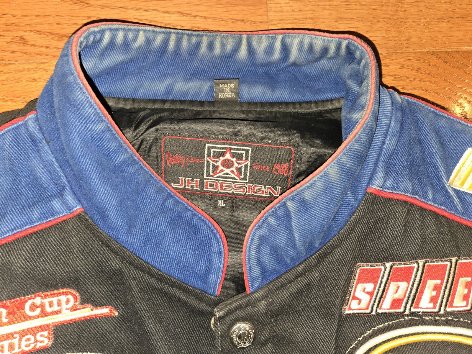 VTG JH DESIGN NASCAR RACING  JACKET CUSTOMIZED MANY PATCHES SIZE XL BLUE BLACK