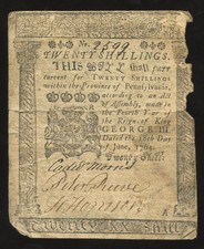 Pennsylvania 20 Shillings June 18, 1764 Printed by Benjamin Franklin PA-126