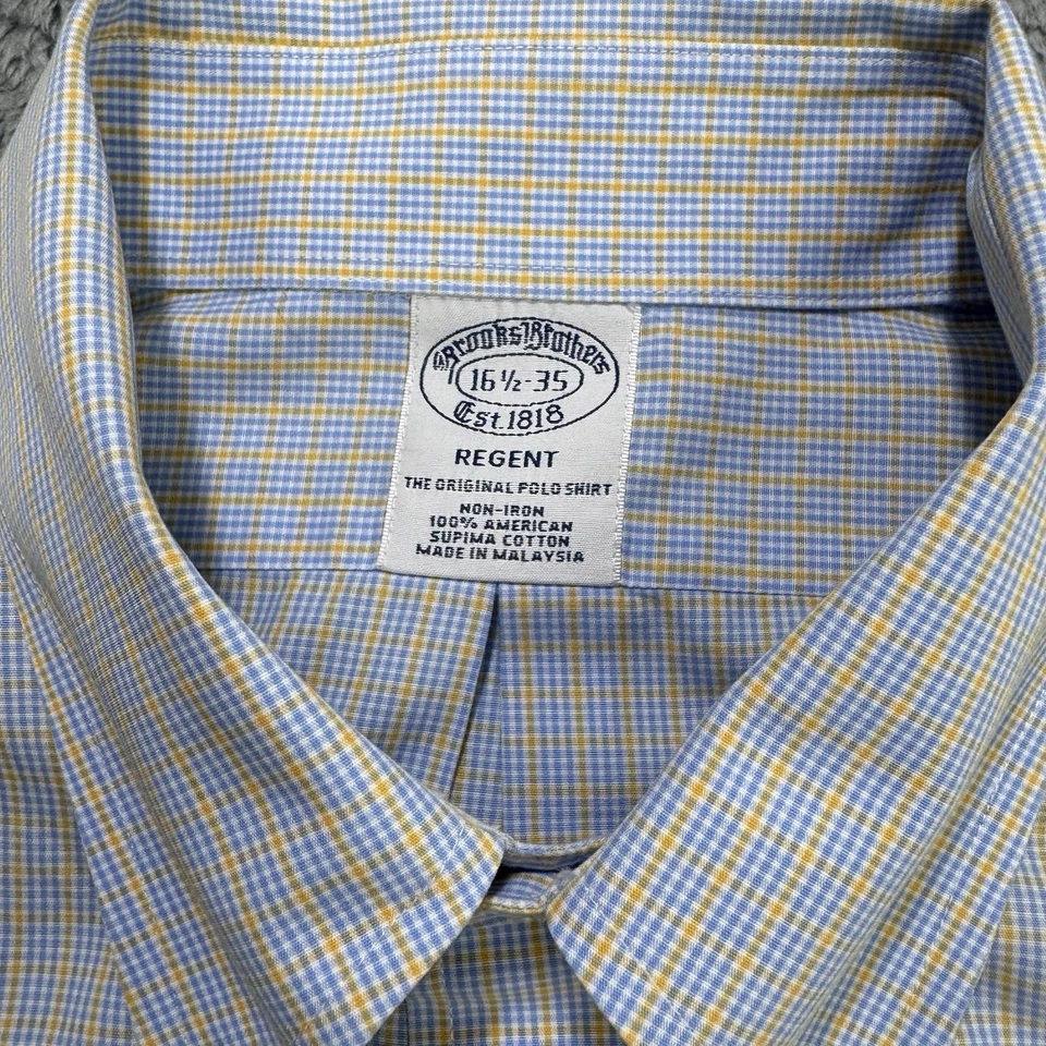 Camisa Brooks Brothers Regent 16.5 35 Amarillo Azul Glen Cuadros Abotonada Foto 3 de 4