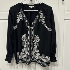 Black And White Embroidered Blouse Top,size Small,tru Luxe Jeans,boho