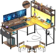 Aheaplus Small L Shaped Gaming Desk with LED Lights & Power Outlets, Reversib...