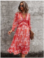 Ditsy Floral Red Midi Dress Deep V Neck Ruffled Hem Lined Bohemian Dress Small