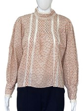Doen Women's Floral Printed Crochet Laced Pintucks Cotton Blouse Tunic Top S
