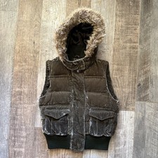 VTG old navy Med Green Velvet Faux Fur Trim Pocket Hooded Insulated Puffer Vest