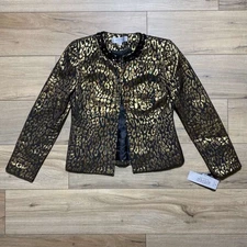 Kasper Separates Petite Women's Open Front Leopard Print Blazer 2P Black Gold