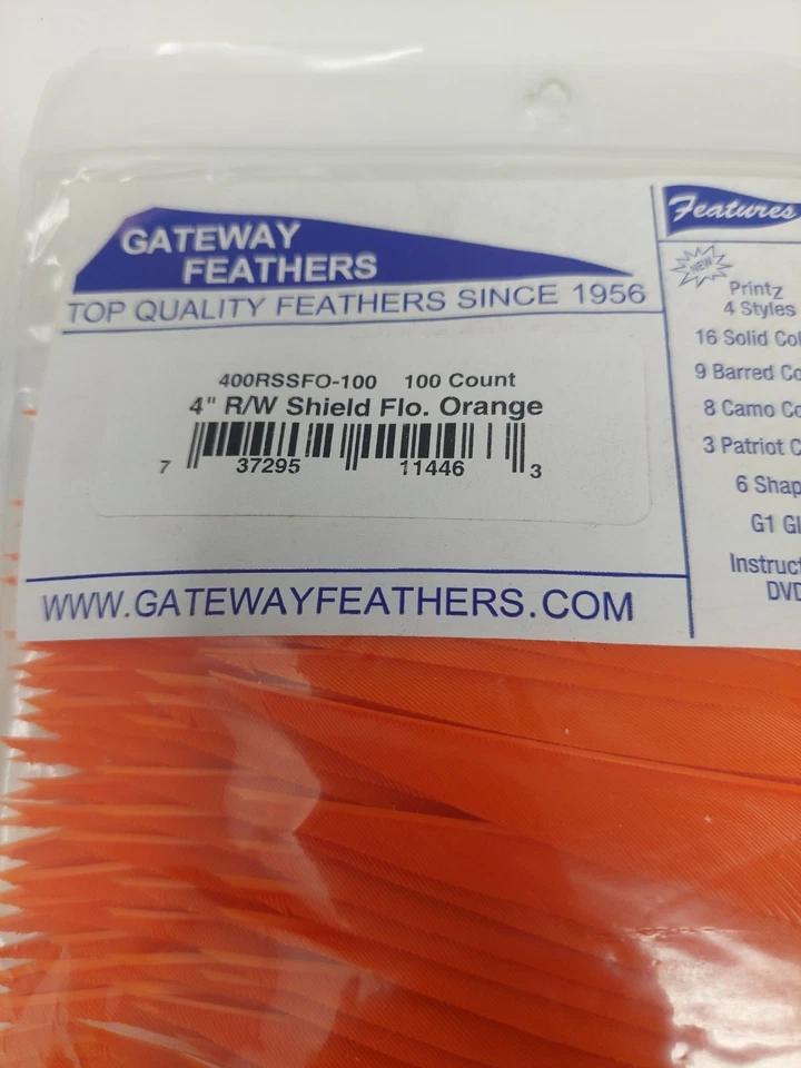 100 Pack Gateway Feathers 4" Right Wing: Shield Fluorescent Flo Orange 400RSSFO - Image 2 of 3
