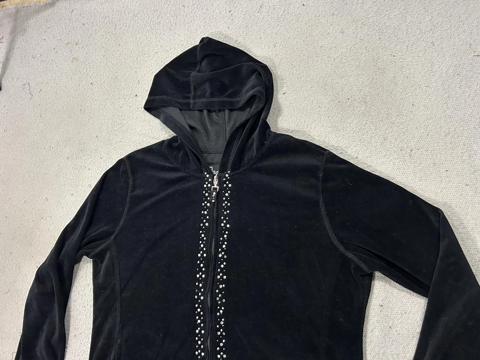 Women’s Black Velour Rhinestone Zip Hoodie Jacket Large Y2K Goth Emo Soft Grunge - Image 2 of 4