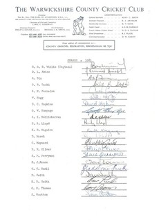 1981 WARWICKSHIRE A4 Autograph Sheet Signed by 21 Players