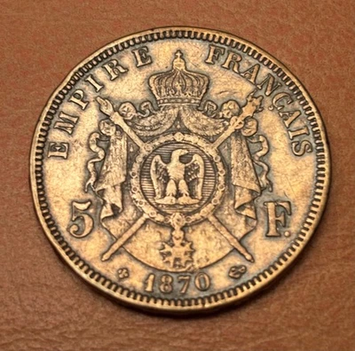 Monnaie Pièce ECU 5 Francs Argent NAPOLEON III TETE LAUREE 1870 BB - Photo 1/2