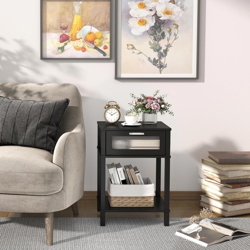 Nightstand Wooden Bedside Table with Drawer Black Night Stands Modern Style S... - Picture 2 of 6