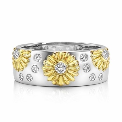Ross-Simons Diamant Sonnenblume Ring Sterlingsilber mit 18K Gold Akzenten Gr. 7 ~NEU