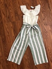 NWT Love Squared Girls Green Striped  Eyelet Romper Size 7