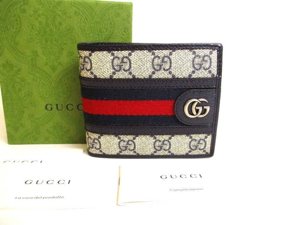 Auth GUCCI Beige Leather Bifold Wallet Ophidia GG Bifold Wallet