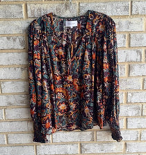 Dear John Long Sleeve V-Neck Lurex Gold Stripe Floral Blouse Women's Size M